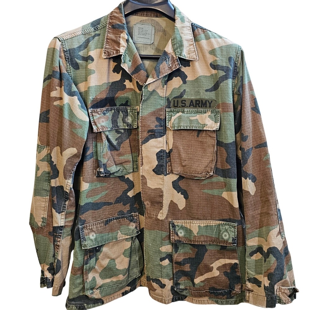 Vintage US Army Woodland Camo BDU Shirt‎ Med Long Distressed Military Jacket 90s